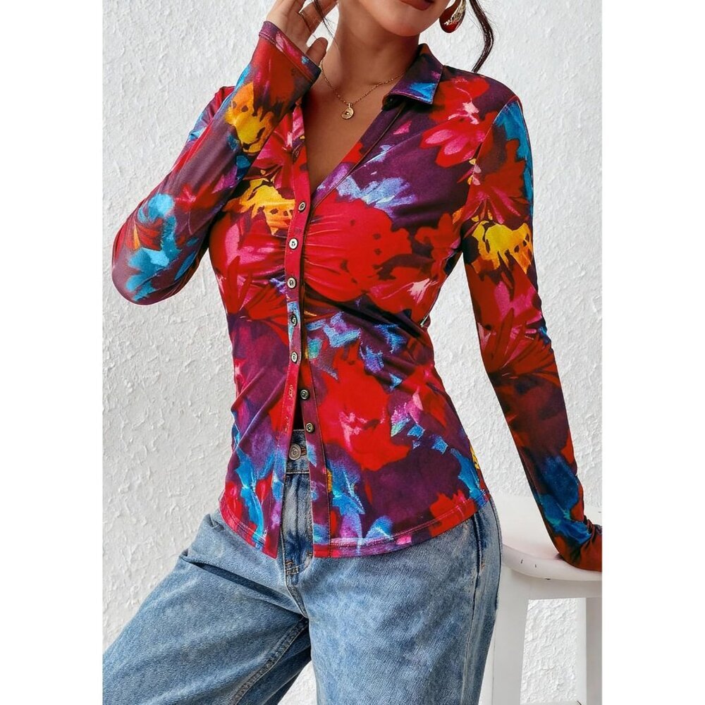 Women Navy Red Button Down Floral Shirt Trendy Long Sleeve V Neck Blouse Top - Picture 4 of 6